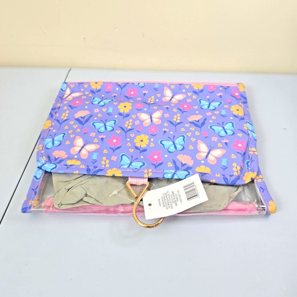 B20 Hanging Hook Zipper Organizer Bag, Clear Window, Purple Pink Butterfly
